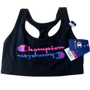 CHAMPION athletic Sports Bra~Black With neon letters~NWT~Size Large